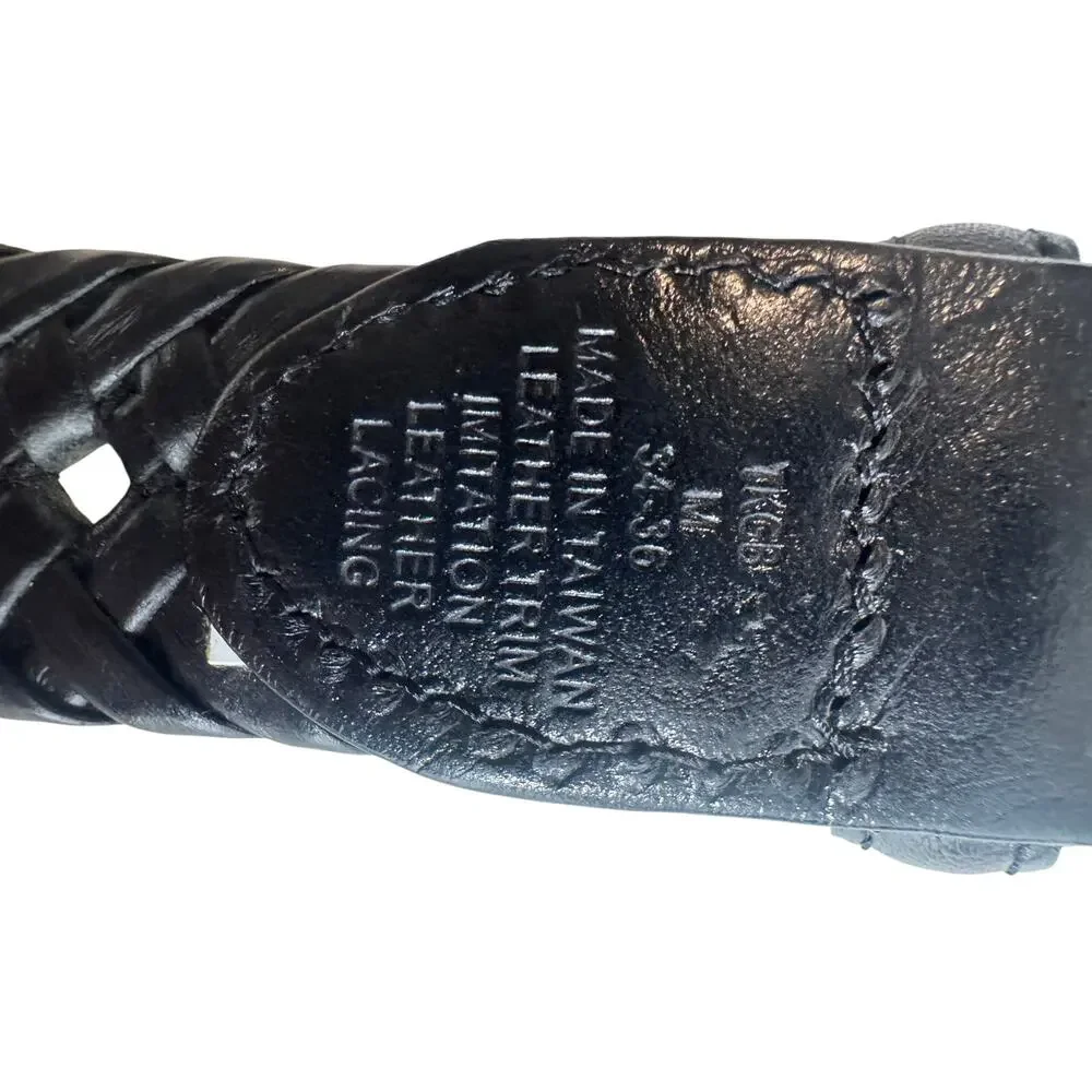 Classic Belt Mens M 34-36 Black Woven Braided Silver Tone Hardware Leather Trim